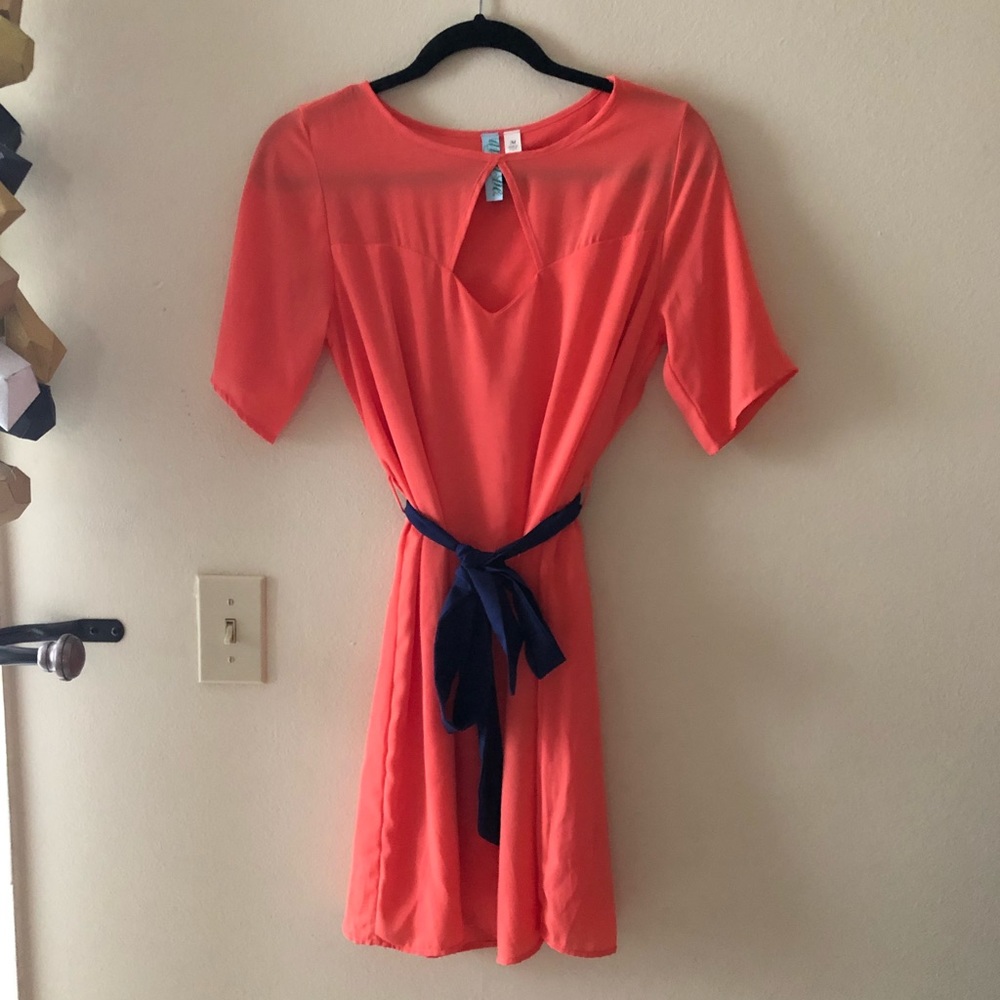 Dina Be Coral Cutout Dress with Navy Belt